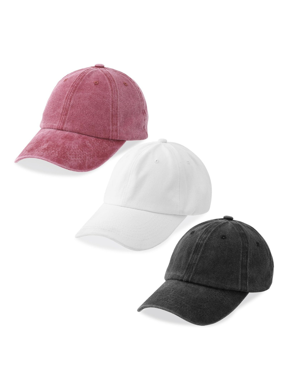 3 Packs Washed-Cotton Plain Baseball Cap | Black, White, Wine Red | Size OS